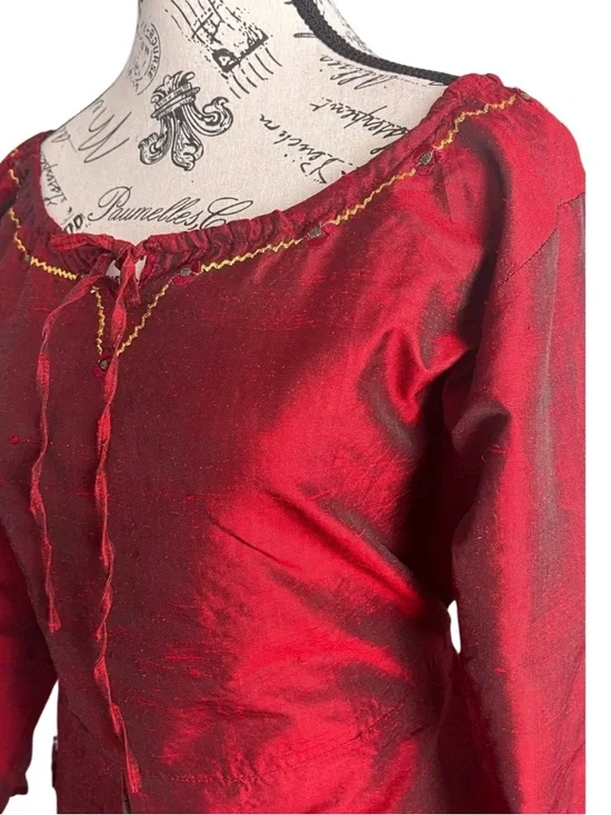 Y2K Red Boho Peasant Top Fairy Grunge Tie Front Off Shoulder Blouse India Size L - Picture 3 of 8